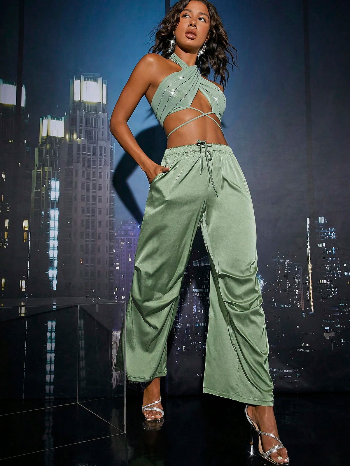 Crisscross Tie Backless Halter Top & Drawstring Waist Pants