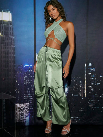 Crisscross Tie Backless Halter Top & Drawstring Waist Pants