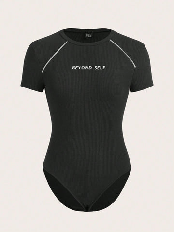 Slogan Graphic Rib-Knit Bodysuit