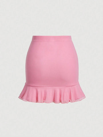 MOD Drawstring Front Ruffle Hem Ruched Skirt