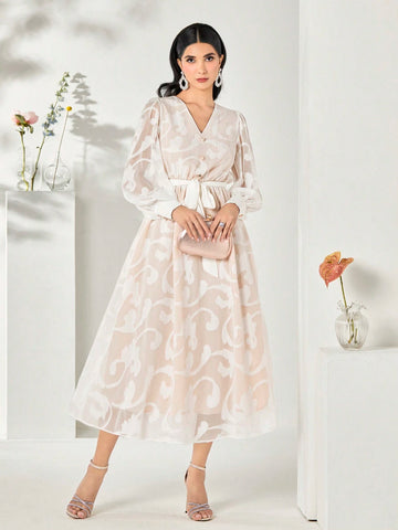 Allover Print Lantern Sleeve Belted Dress