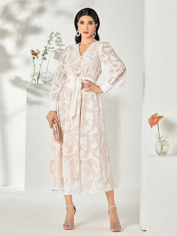 Allover Print Lantern Sleeve Belted Dress