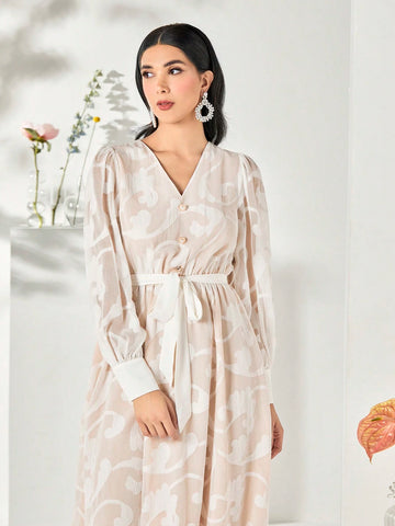 Allover Print Lantern Sleeve Belted Dress