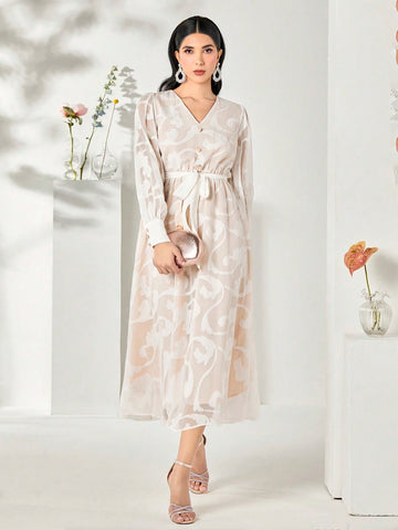 Allover Print Lantern Sleeve Belted Dress