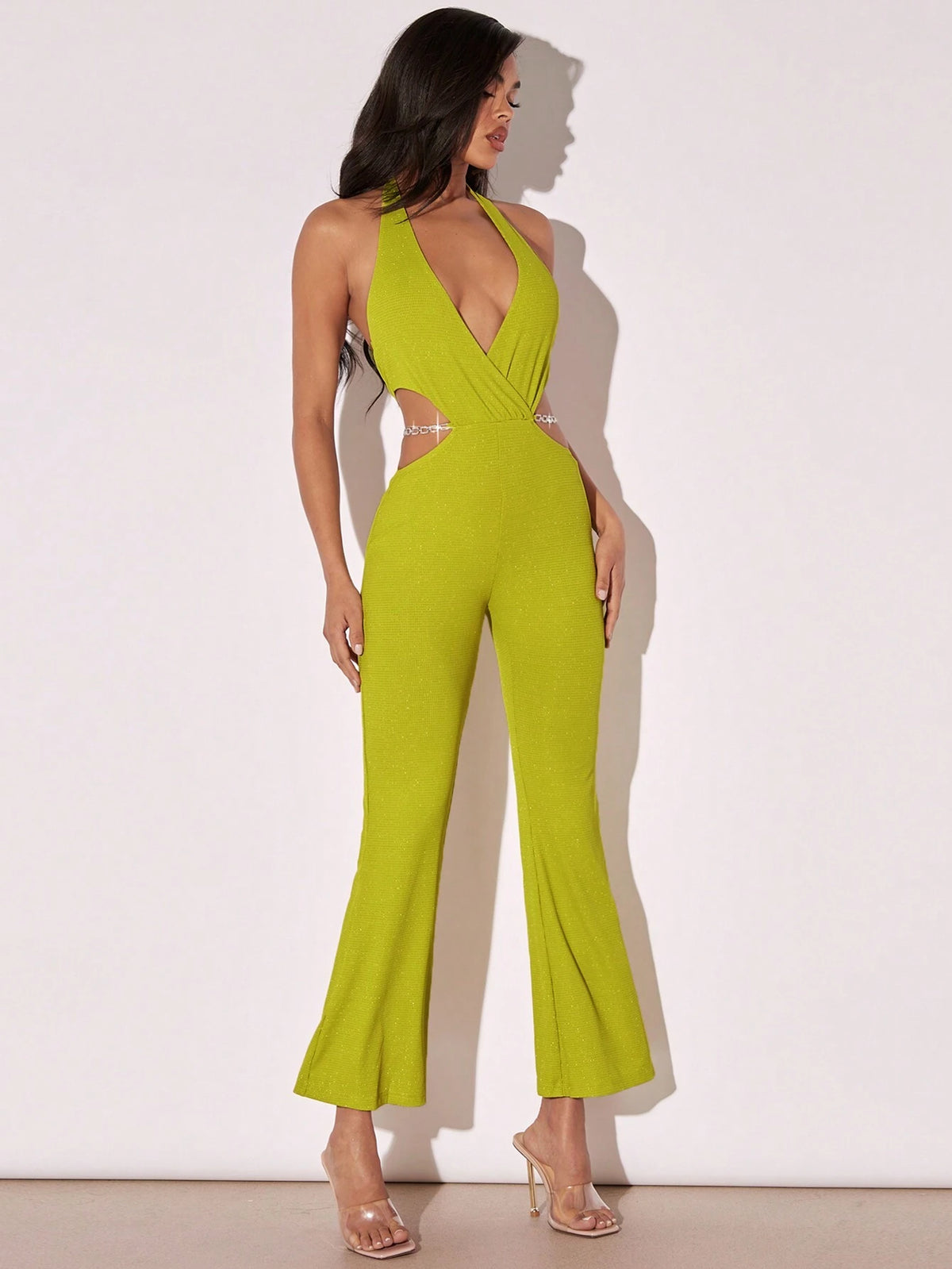 Plunging Neck Backless Flare Leg Halter Jumpsuit