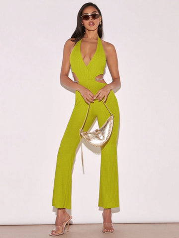 Plunging Neck Backless Flare Leg Halter Jumpsuit