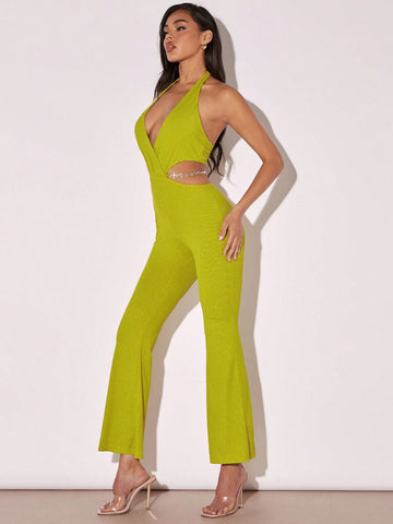 Plunging Neck Backless Flare Leg Halter Jumpsuit
