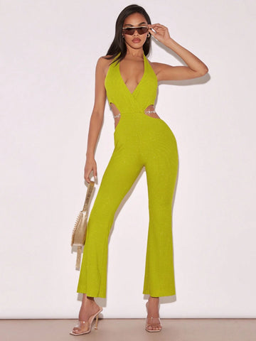 Plunging Neck Backless Flare Leg Halter Jumpsuit