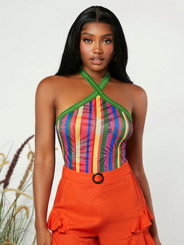 Plants and Striped Print Halter Neck Bodysuit