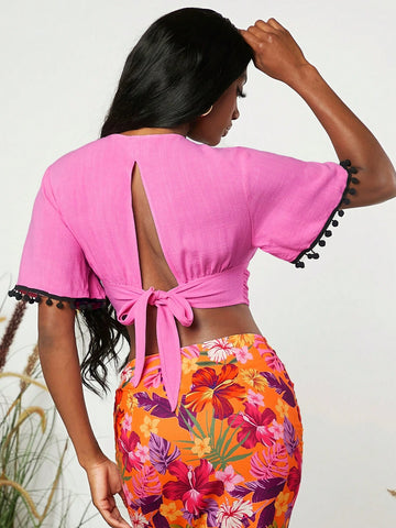 Pompom Trim Crop Blouse