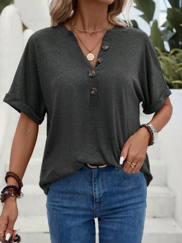 EMERY ROSE Half Button Batwing Sleeve Tee