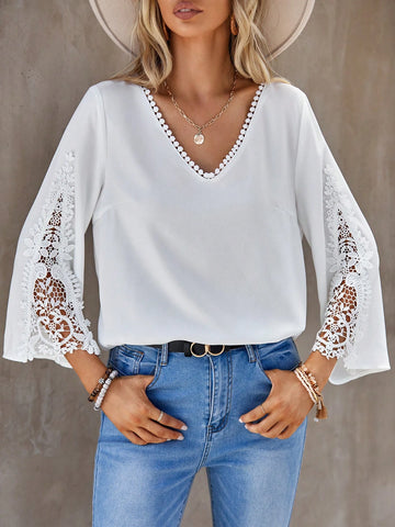 Guipure Lace Insert Flounce Sleeve Blouse