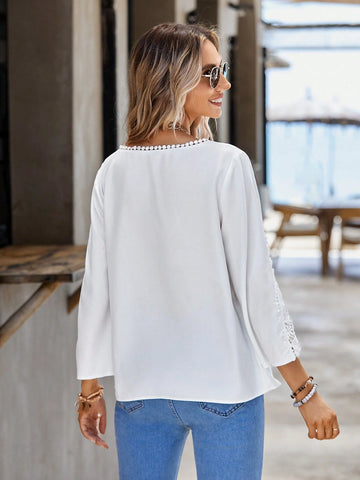 Guipure Lace Insert Flounce Sleeve Blouse