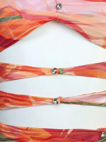 Tropical Print Cut Out Front Halter Neck Backless Bodycon Dress