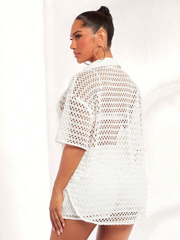 Hollow Out Button Front Drop Shoulder Shirt Without Bra