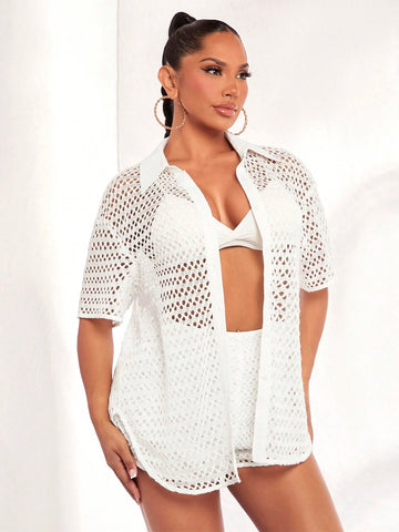 Hollow Out Button Front Drop Shoulder Shirt Without Bra