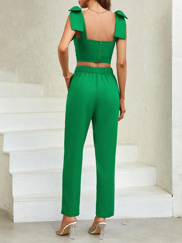 Solid Knot Shoulder Crop Wide Strap Top & Pants