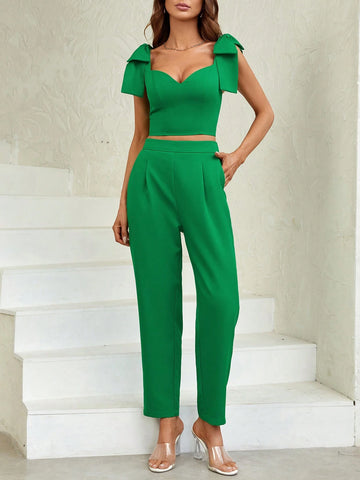 Solid Knot Shoulder Crop Wide Strap Top & Pants
