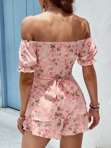 Floral Print Off Shoulder Puff Sleeve Romper