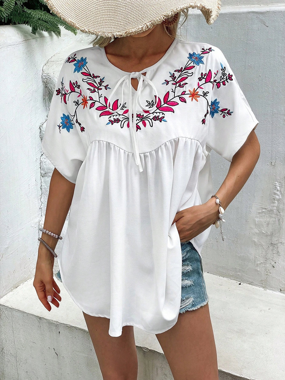 Floral Embroidery Tie Neck Batwing Sleeve Blouse