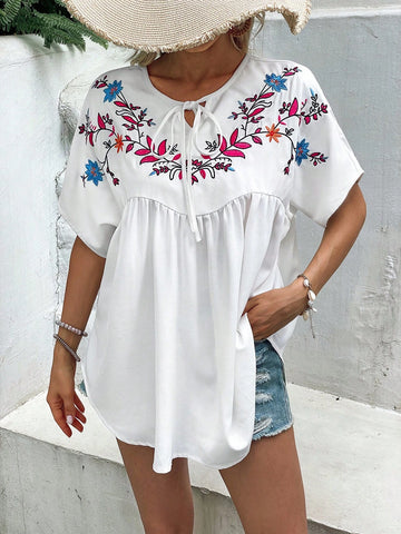 Floral Embroidery Tie Neck Batwing Sleeve Blouse