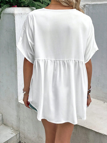 Floral Embroidery Tie Neck Batwing Sleeve Blouse