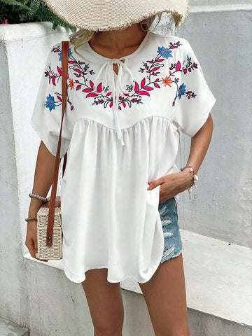 Floral Embroidery Tie Neck Batwing Sleeve Blouse