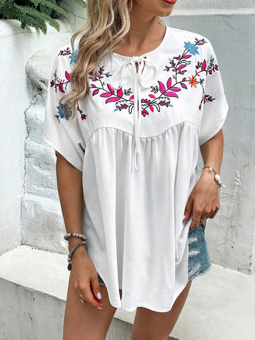 Floral Embroidery Tie Neck Batwing Sleeve Blouse