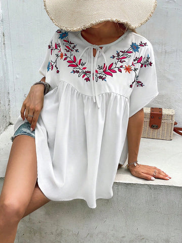 Floral Embroidery Tie Neck Batwing Sleeve Blouse