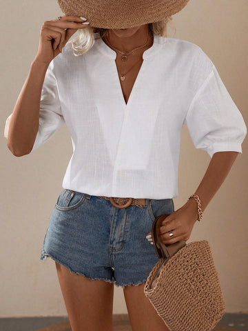 Notched Neckline Drop Shoulder Blouse