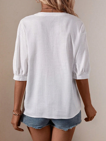 Notched Neckline Drop Shoulder Blouse