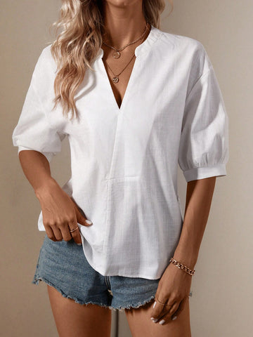 Notched Neckline Drop Shoulder Blouse