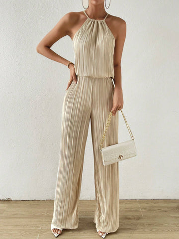 Solid Halter Top & Wide Leg Pants