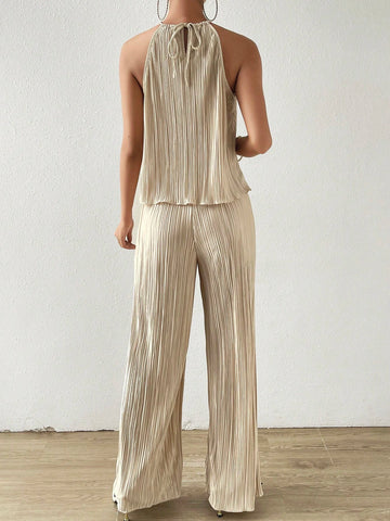 Solid Halter Top & Wide Leg Pants