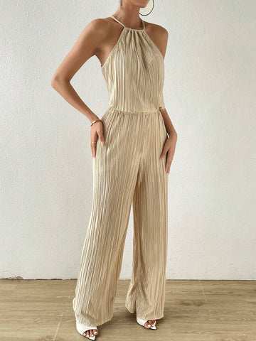 Solid Halter Top & Wide Leg Pants