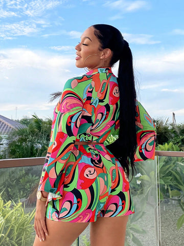 Allover Print Knot Front Crop Top & Shorts