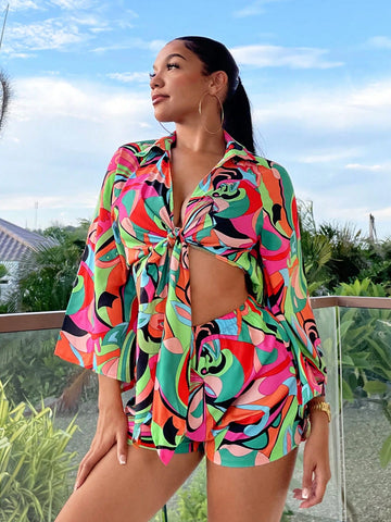 Allover Print Knot Front Crop Top & Shorts