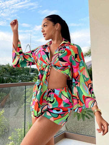 Allover Print Knot Front Crop Top & Shorts