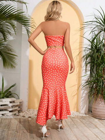 Polka Dot Print Tube Top & Mermaid Hem Skirt