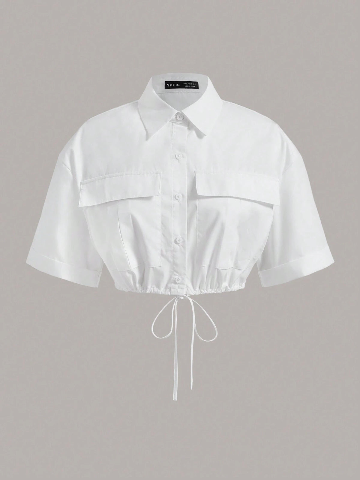 Flap Pocket Drawstring Hem Crop Shirt