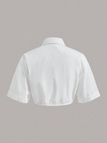 Flap Pocket Drawstring Hem Crop Shirt