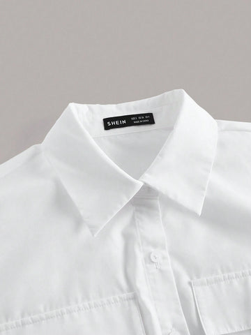 Flap Pocket Drawstring Hem Crop Shirt