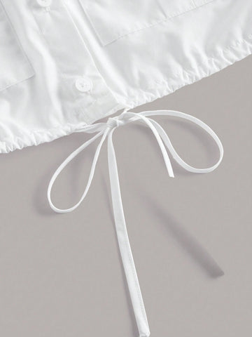 Flap Pocket Drawstring Hem Crop Shirt