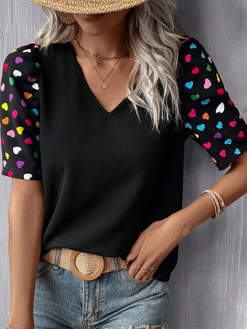 EMERY ROSE Heart Print Puff Sleeve Tee