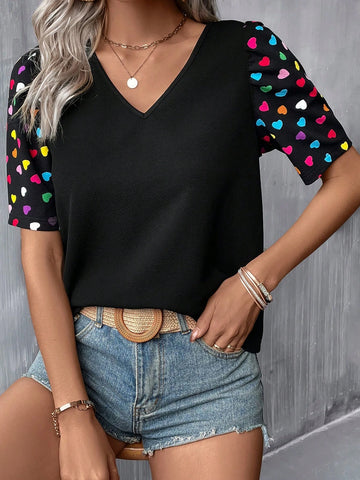 EMERY ROSE Heart Print Puff Sleeve Tee