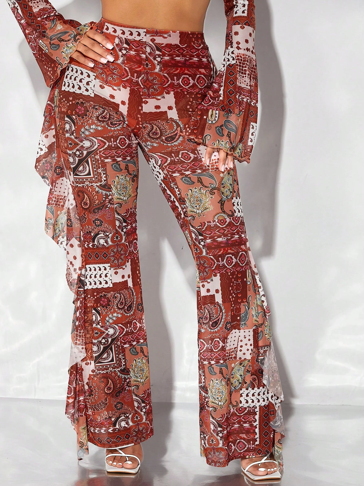 SXY Paisley Print Ruffle Trim Flare Leg Pants
