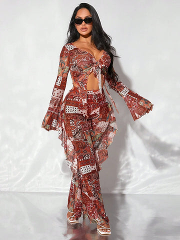 SXY Paisley Print Ruffle Trim Flare Leg Pants