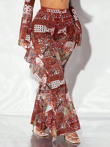 SXY Paisley Print Ruffle Trim Flare Leg Pants