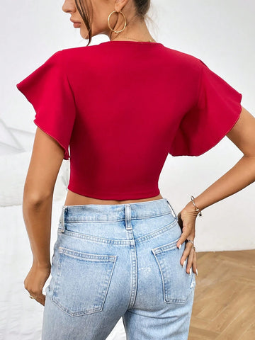 Unity Plunging Neck Butterfly Sleeve Crop Tee