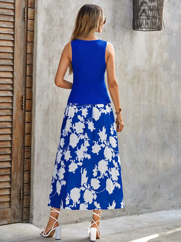 EMERY ROSE Solid Tank Top & Floral Print Belted Skirt